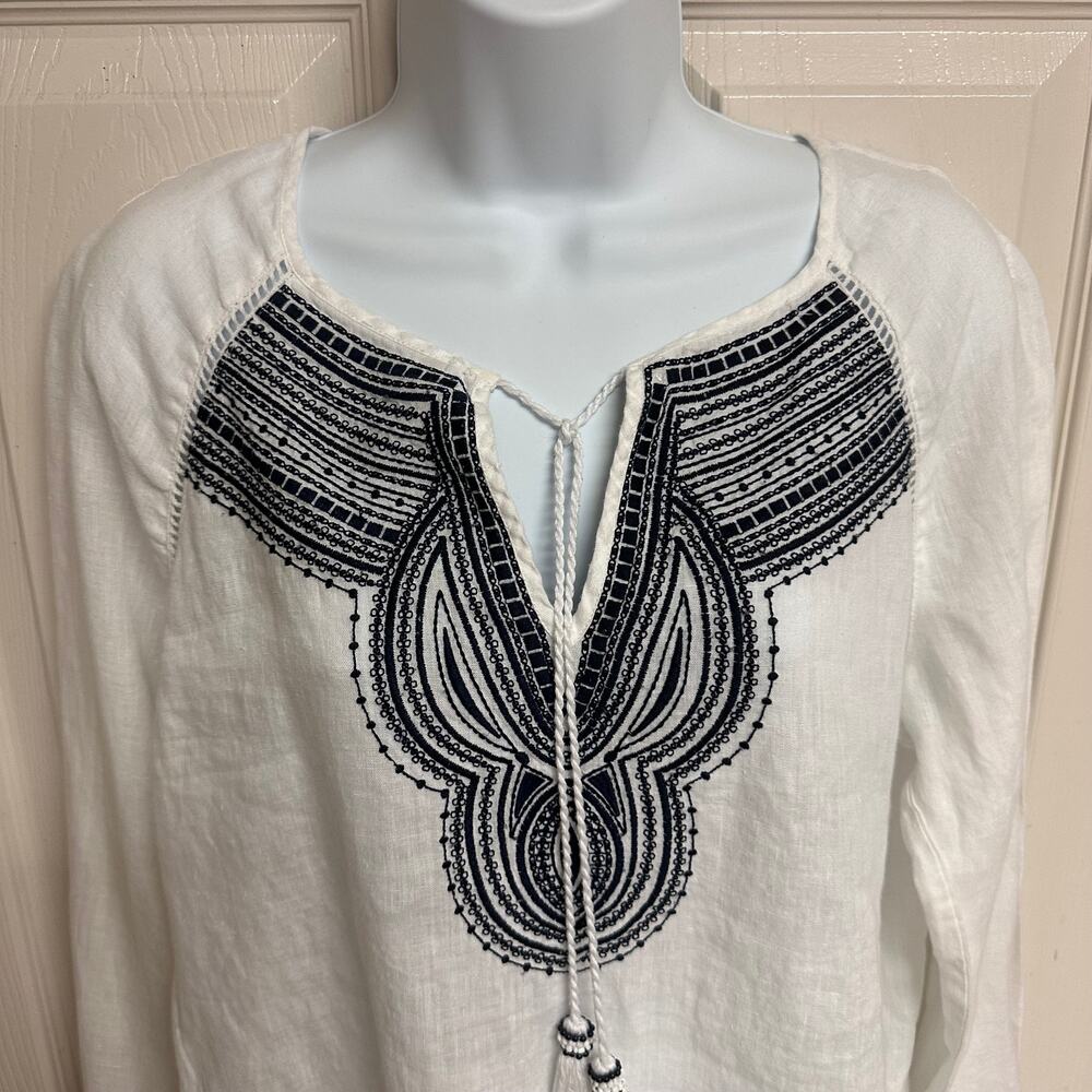 100%  White Linen Embroidered Boho Blouse Tassel Tie Peasant Top Lightweight - Picture 5 of 10